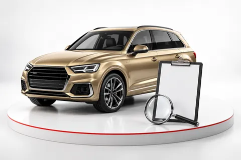 Champagnerfarbenes Auto mit Prüfklemmbrett und Lupe