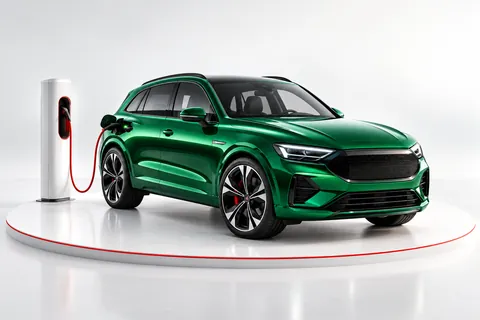 Grünes Elektroauto am angeschlossenen Ladepunkt