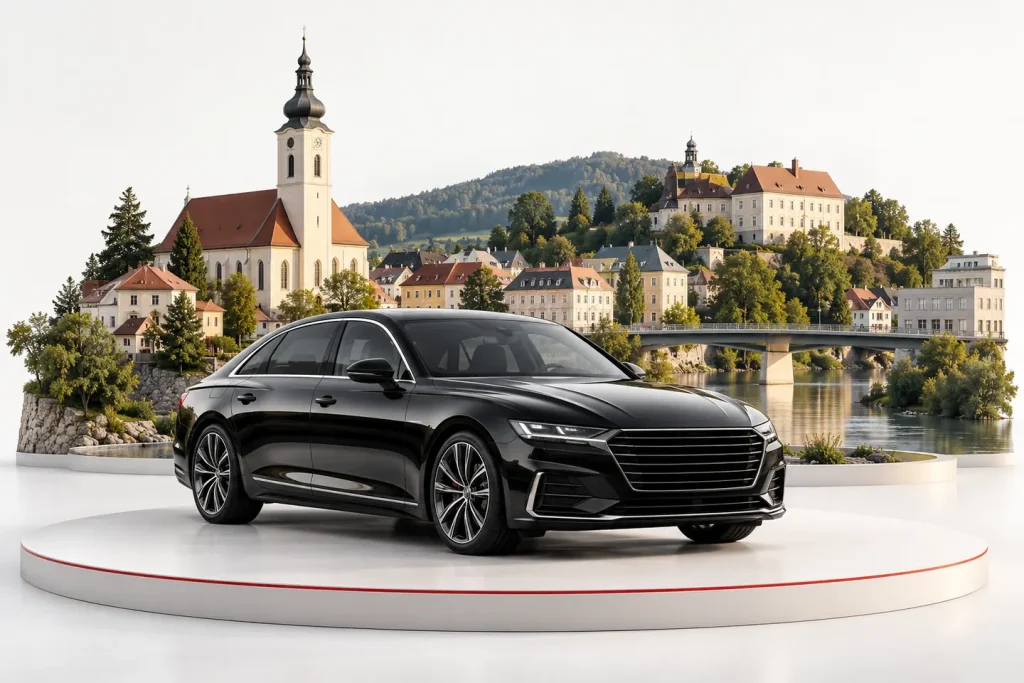 Autoankauf in Amstetten: Fahrzeug vor einer Stadtansicht