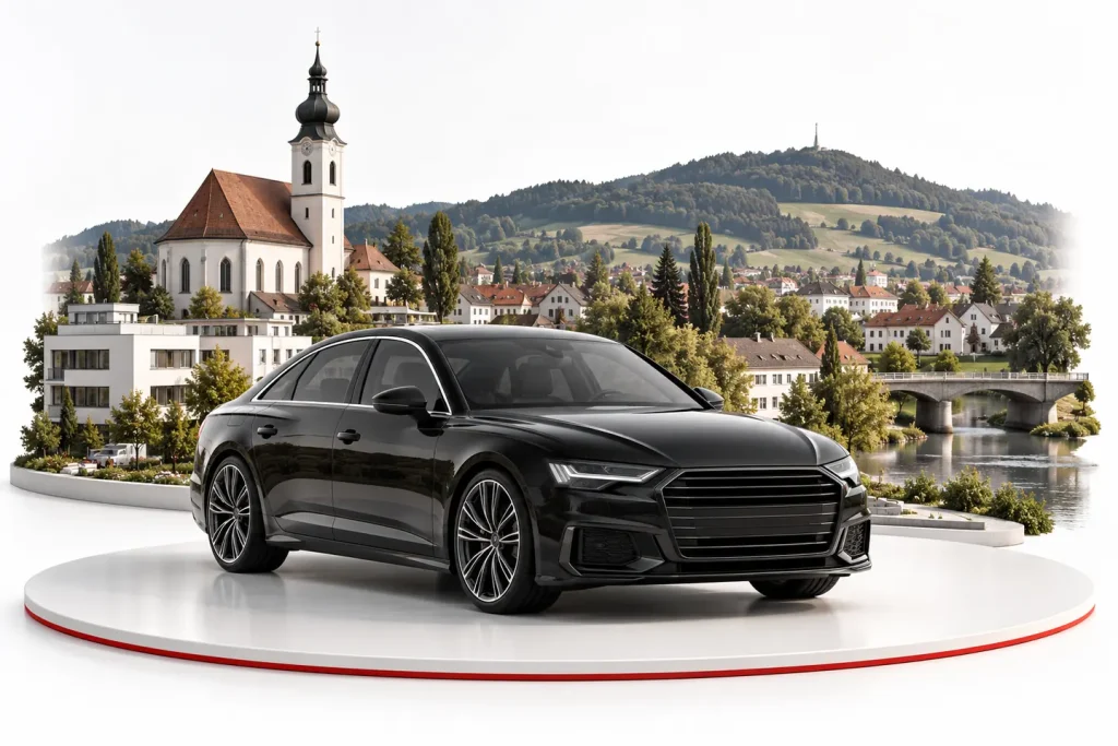 Autoankauf in Ansfelden: Fahrzeug vor einer Stadtansicht
