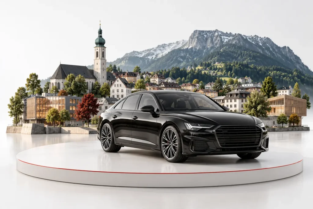 Autoankauf in Dornbirn: Fahrzeug vor einer Stadtansicht