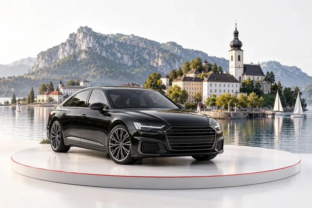 Autoankauf in Gmunden: Fahrzeug vor einer Stadtansicht