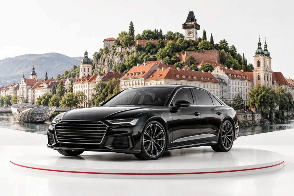 Autoankauf in Graz: Fahrzeug vor einer Stadtansicht