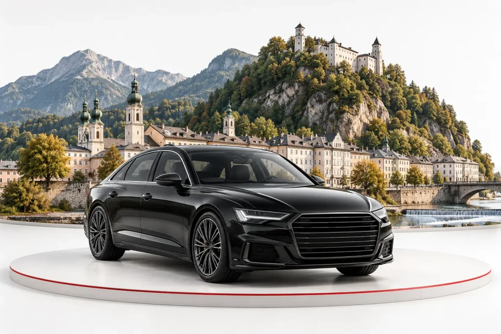 Autoankauf in Hallein: Fahrzeug vor einer Stadtansicht