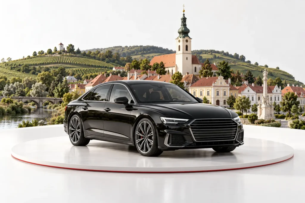 Autoankauf in Hollabrunn: Fahrzeug vor einer Stadtansicht