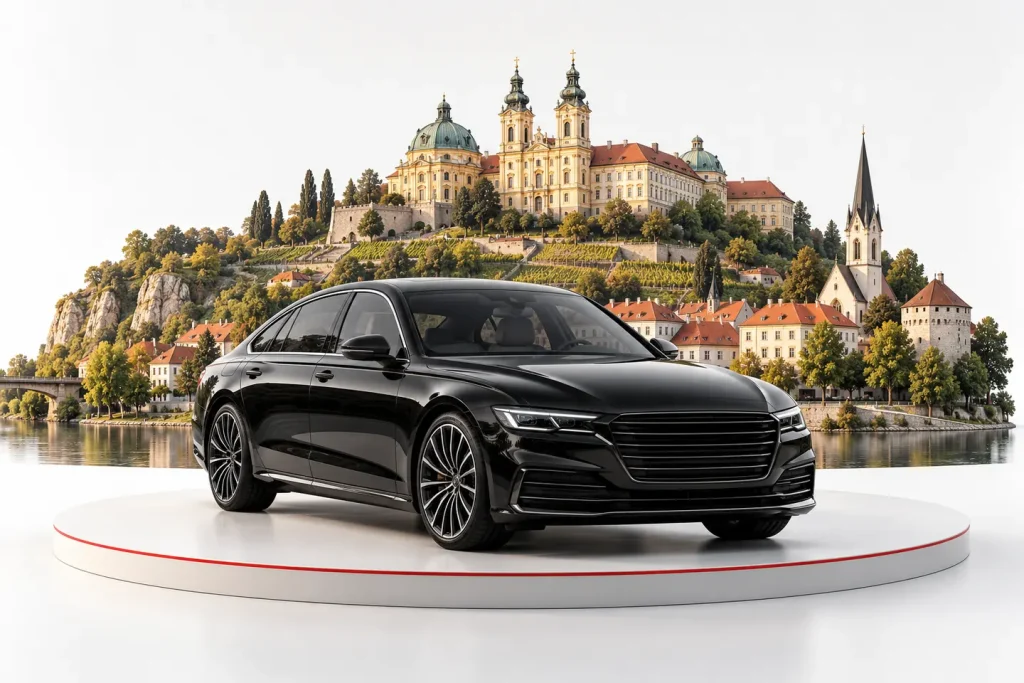 Autoankauf in Klosterneuburg: Fahrzeug vor einer Stadtansicht