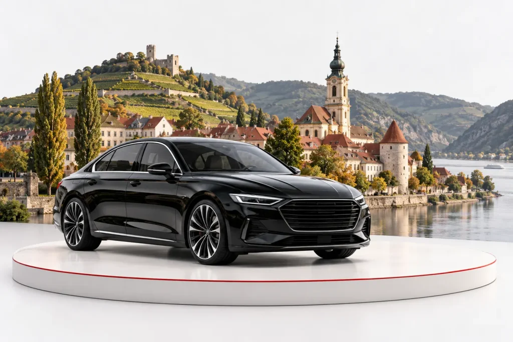 Autoankauf in Krems an der Donau: Fahrzeug vor einer Stadtansicht