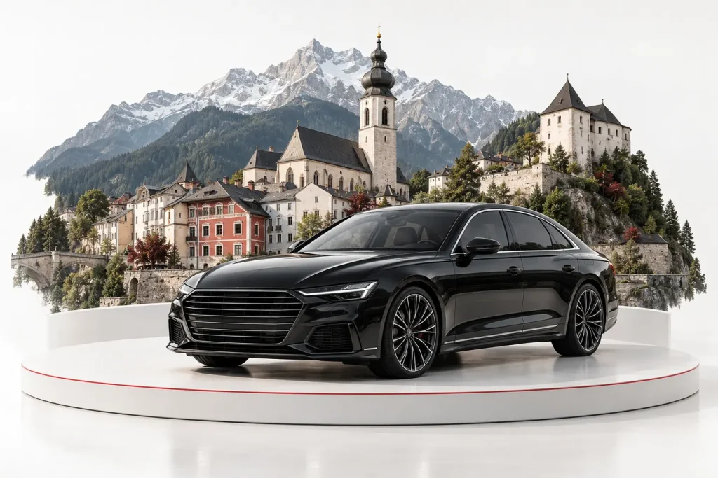 Autoankauf in Schwaz: Fahrzeug vor einer Stadtansicht