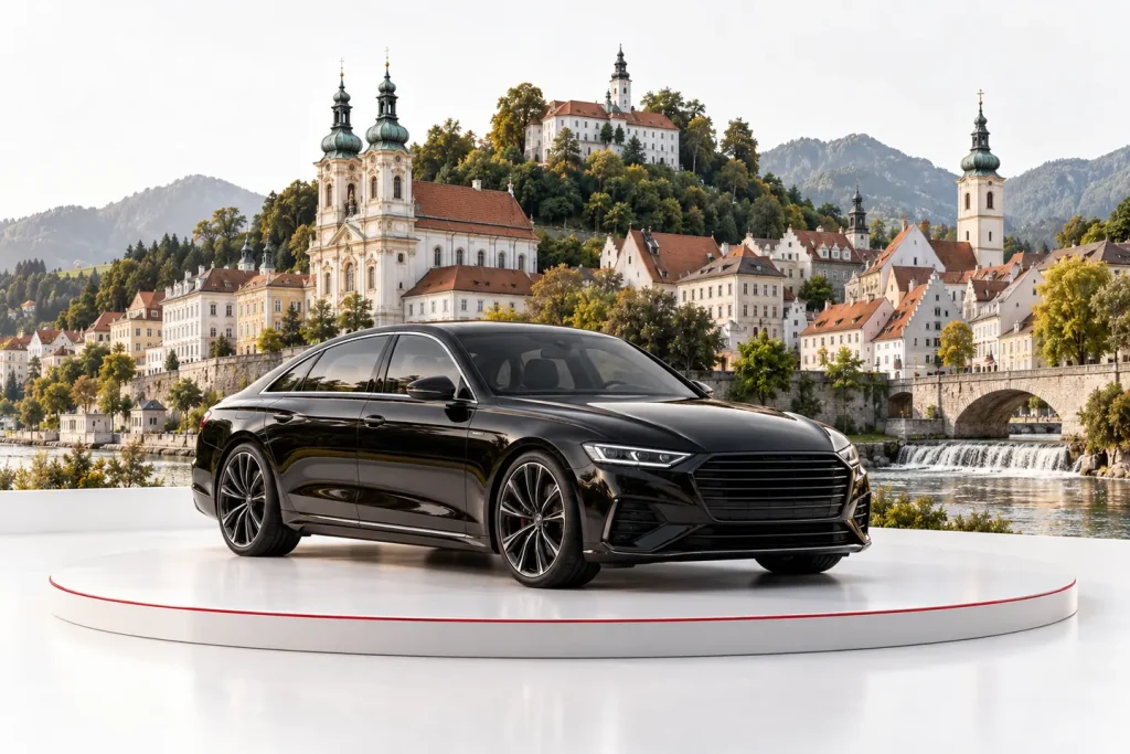 Autoankauf in Steyr: Fahrzeug vor einer Stadtansicht