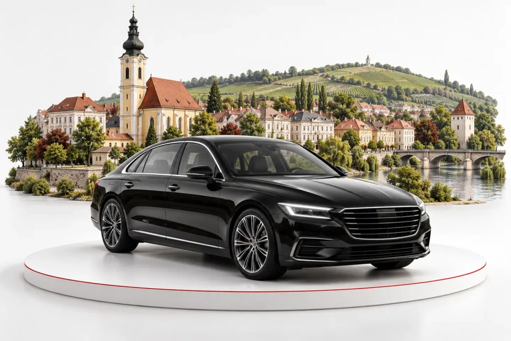 Autoankauf in Stockerau: Fahrzeug vor einer Stadtansicht