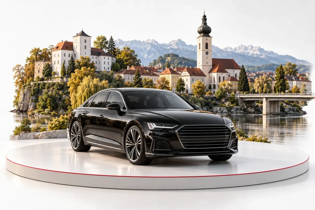 Autoankauf in Traun: Fahrzeug vor einer Stadtansicht