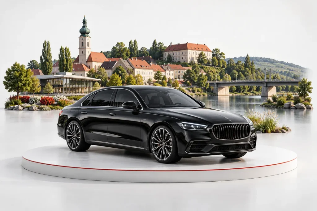 Autoankauf in Tulln an der Donau: Fahrzeug vor einer Stadtansicht