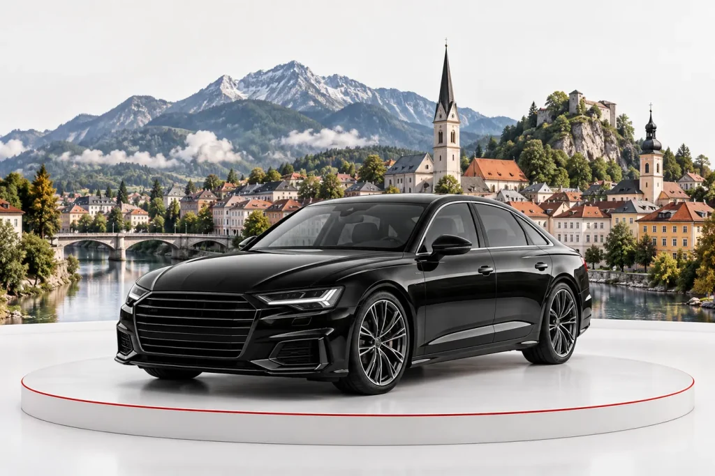 Autoankauf in Villach: Fahrzeug vor einer Stadtansicht