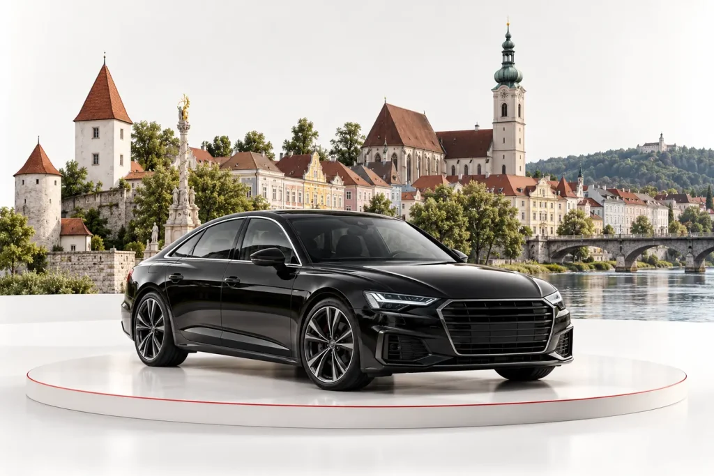 Autoankauf in Wels: Fahrzeug vor einer Stadtansicht
