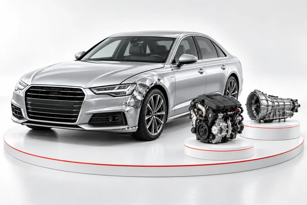Silbernes beschädigtes Auto neben Motor und Getriebe