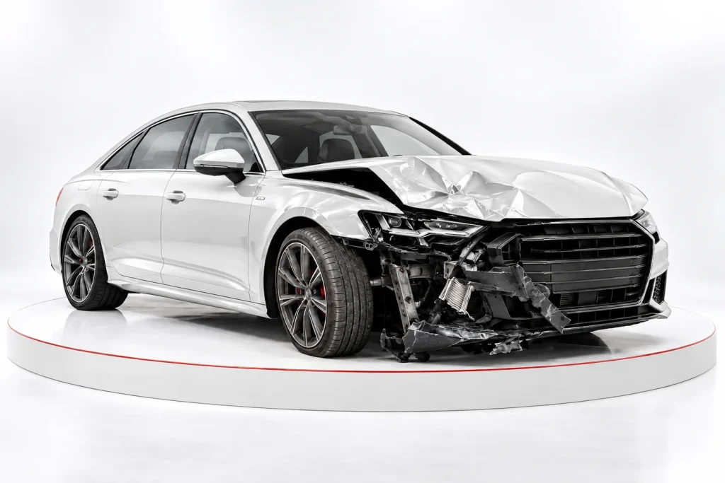 Weißes Auto mit schwerem Frontschaden