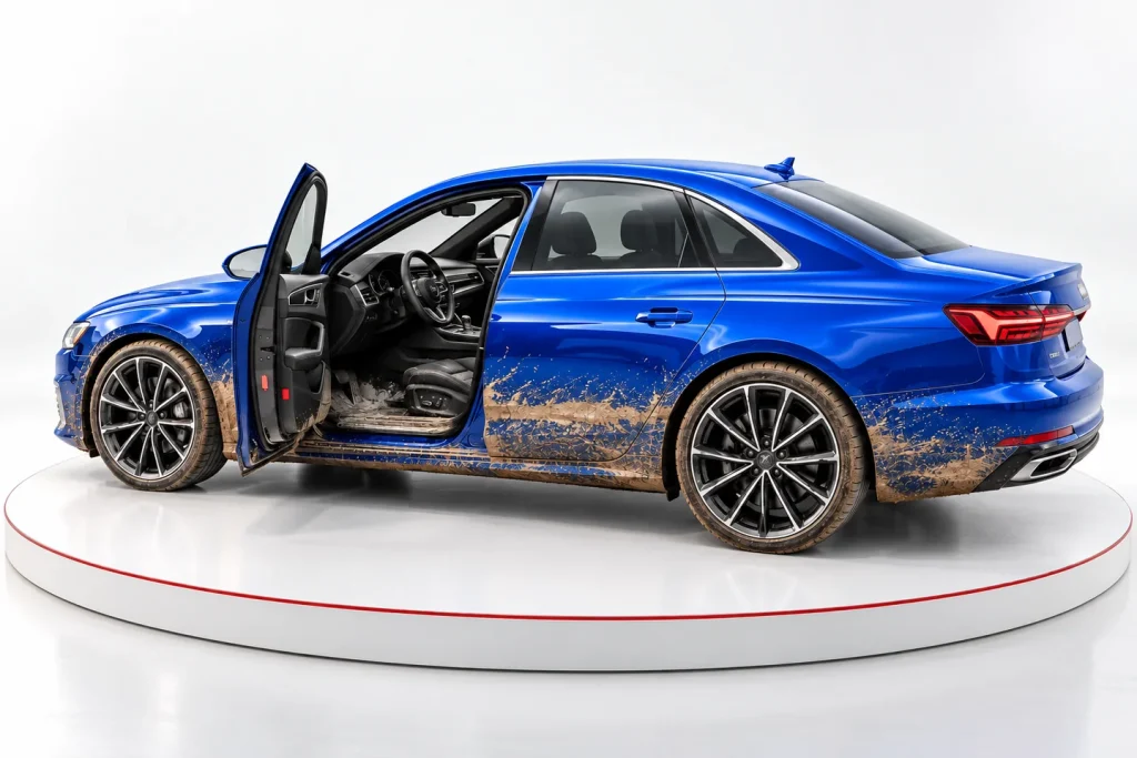 Blaues Auto mit sichtbaren Spuren eines Wasserschadens